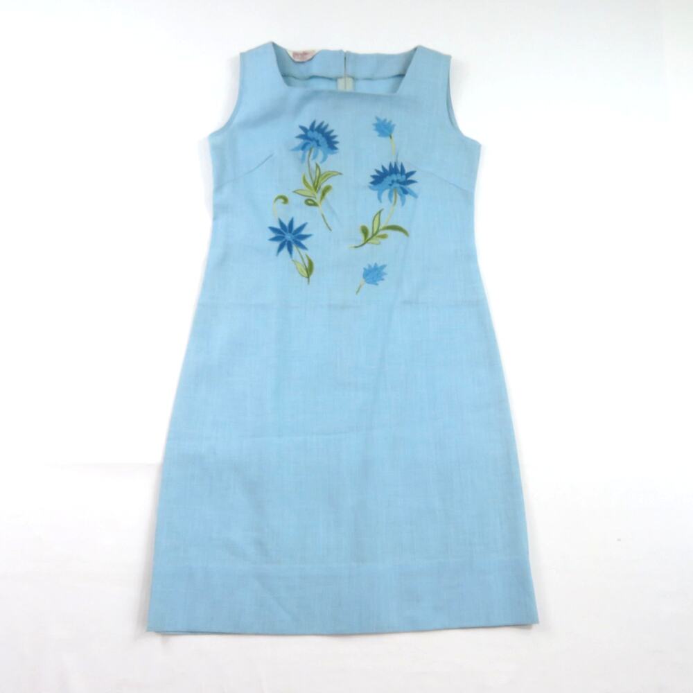 Ship N Shore Linen Blend Dress Blue Embroidered Flowers Metal Zipper Sz 10 1960s